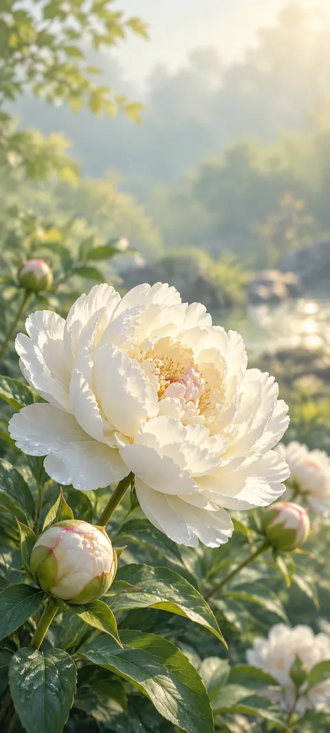 A white peony opens in soft diffuse garden light.