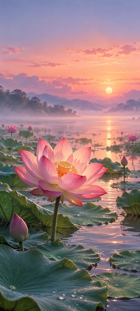 A pink lotus floats above quiet water and round leaves.
