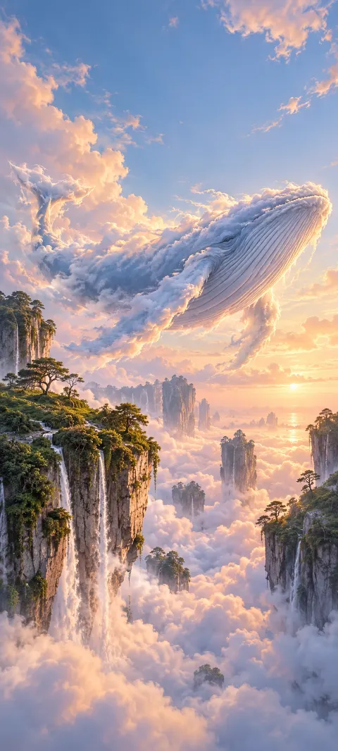 A gentle cloud whale moves between floating cliffs.