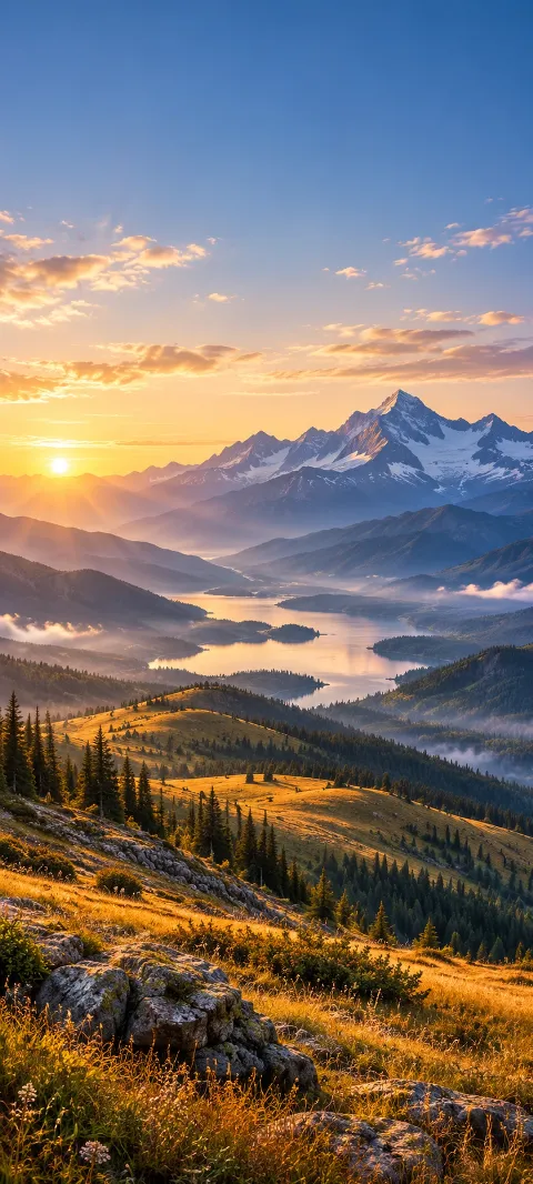 Golden foothills roll toward a distant blue mountain wall.