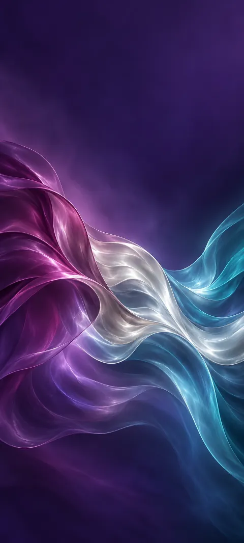 Abstract plum, silver and cyan flowing folds against dark purple.