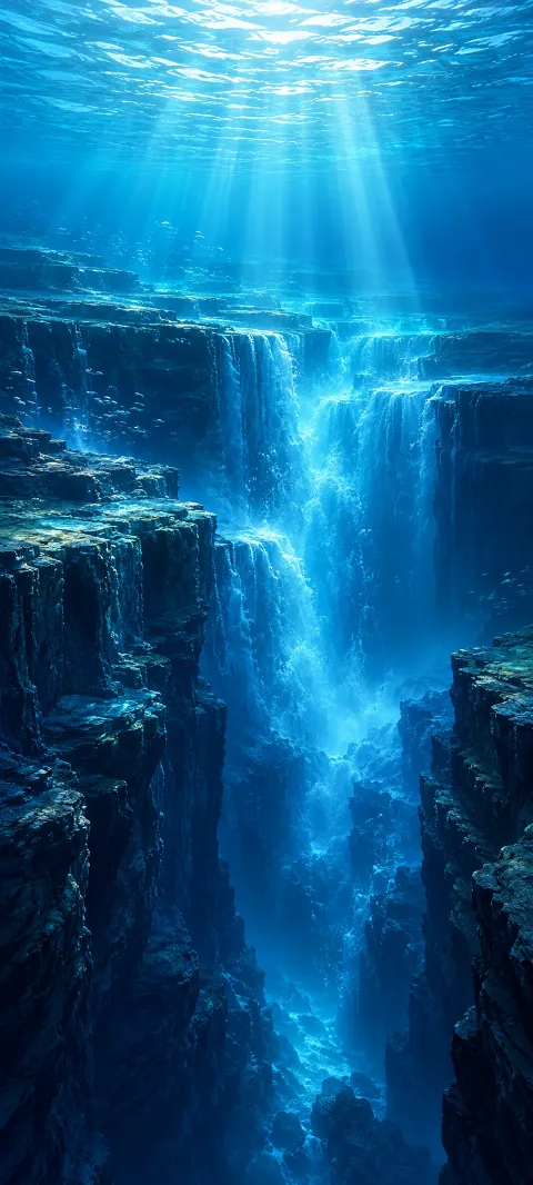 Blue water falls into an imagined ocean trench.