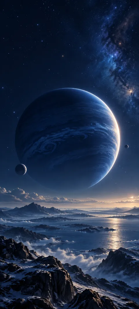 A cobalt planet shows a narrow pale crescent.