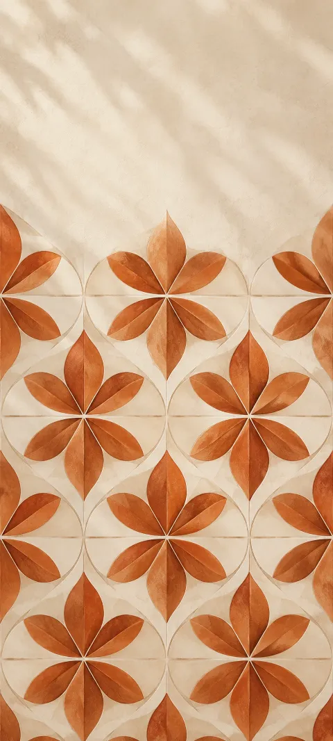 Terracotta petals repeat in a cream geometric grid.