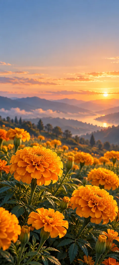 Golden marigold petals rise from dark green stems.