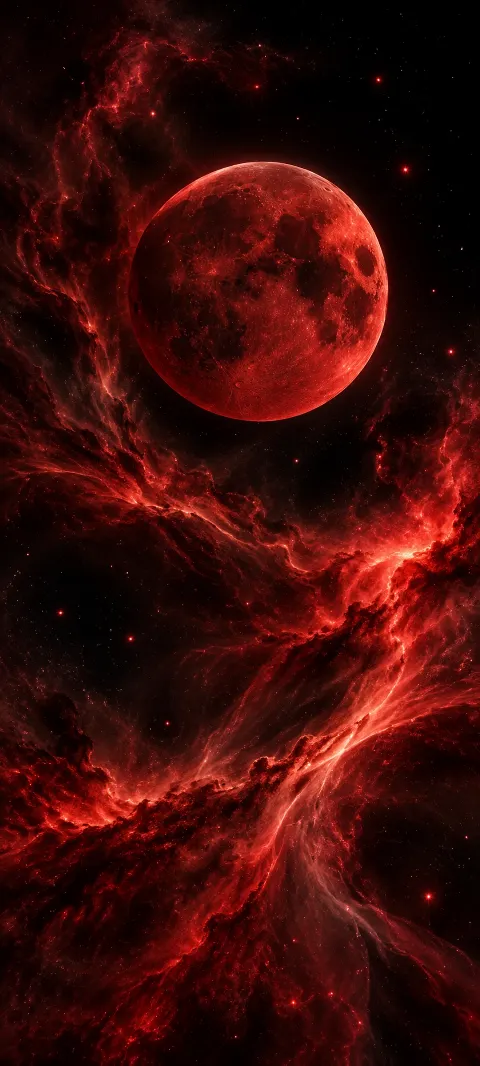 A crimson moon hangs over red cosmic dust.