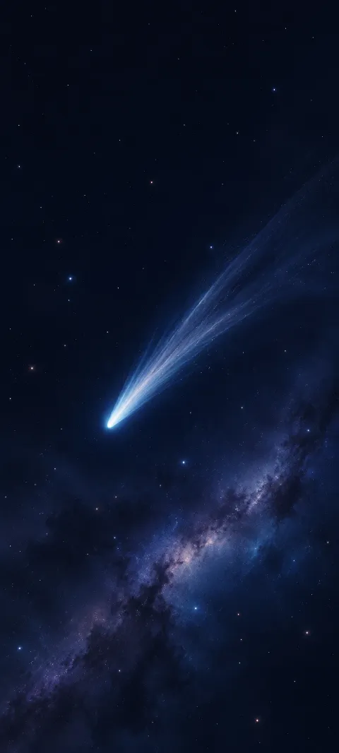 A slender comet crosses an indigo field of sparse stars.