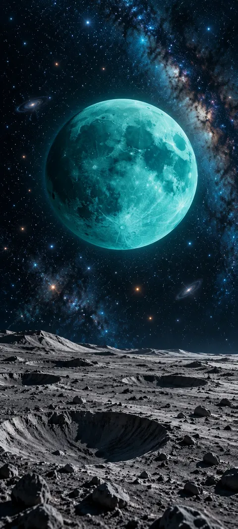 A teal moon floats above quiet craters.