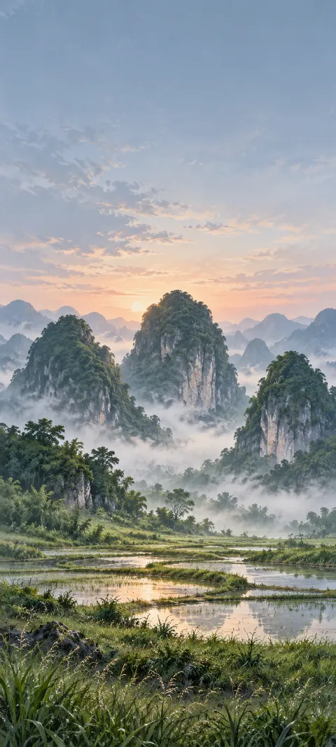 Green limestone towers in mist above reflective rice terraces.