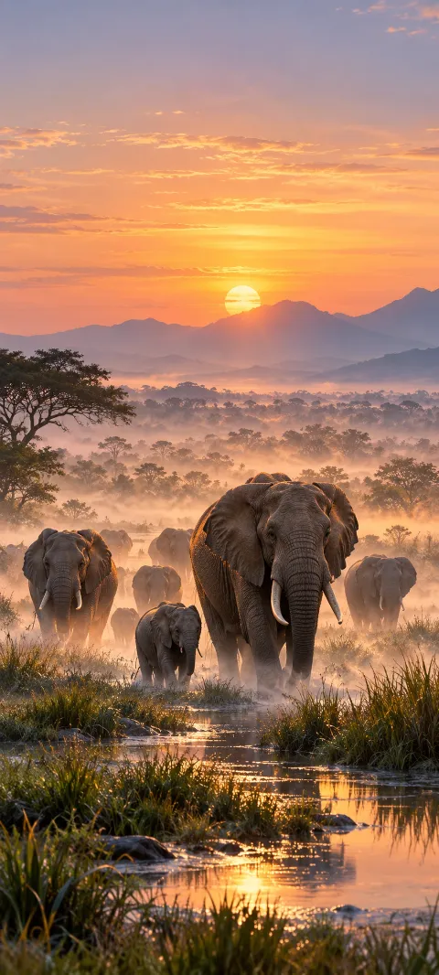 An elephant herd walks through misty grassland at dawn.