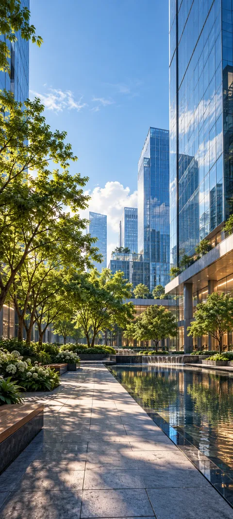 A quiet courtyard sits between blue glass towers.