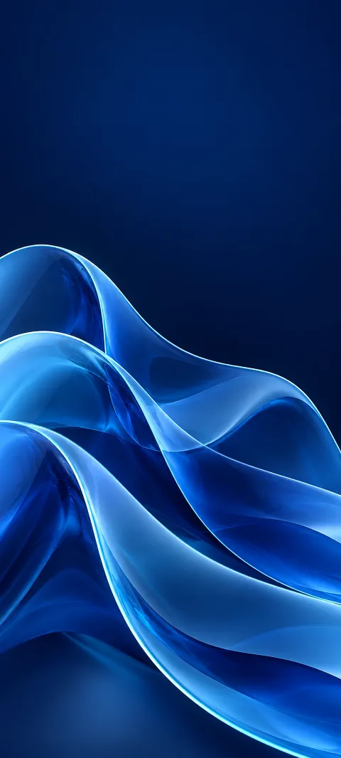 Three translucent blue glass waves with cyan edges on deep navy.