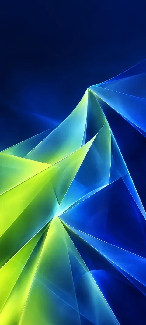 Translucent lime and cobalt folded planes with fine cyan edges.