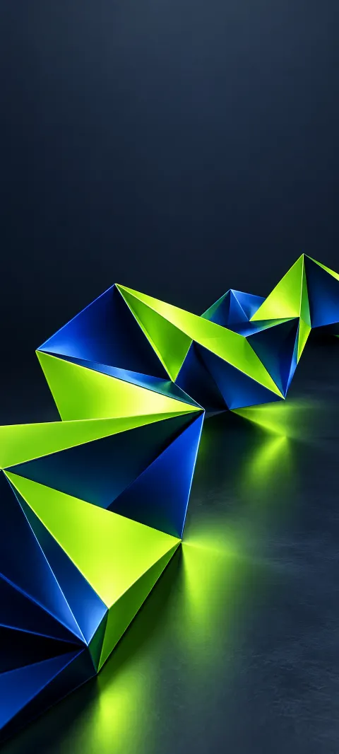 Lime and cobalt angular folds reflect on a dark slate surface.