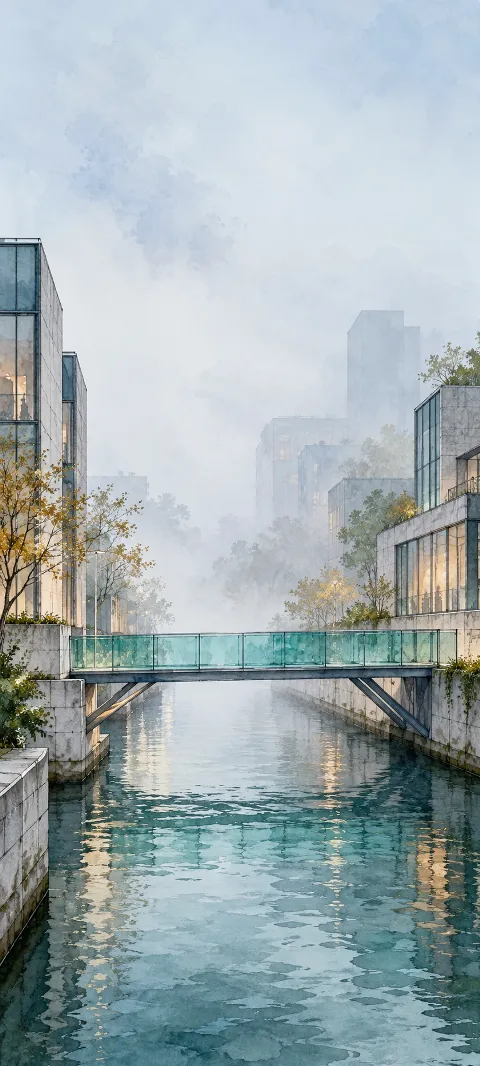 Turquoise glass footbridge across a foggy canal between modern buildings.
