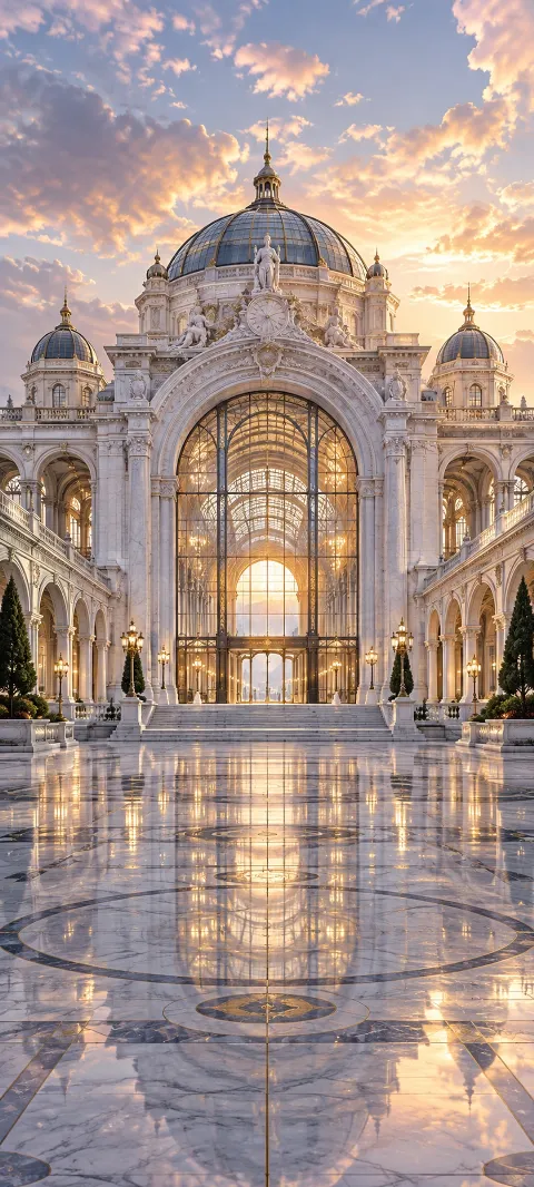 A white marble station opens onto a reflective plaza.