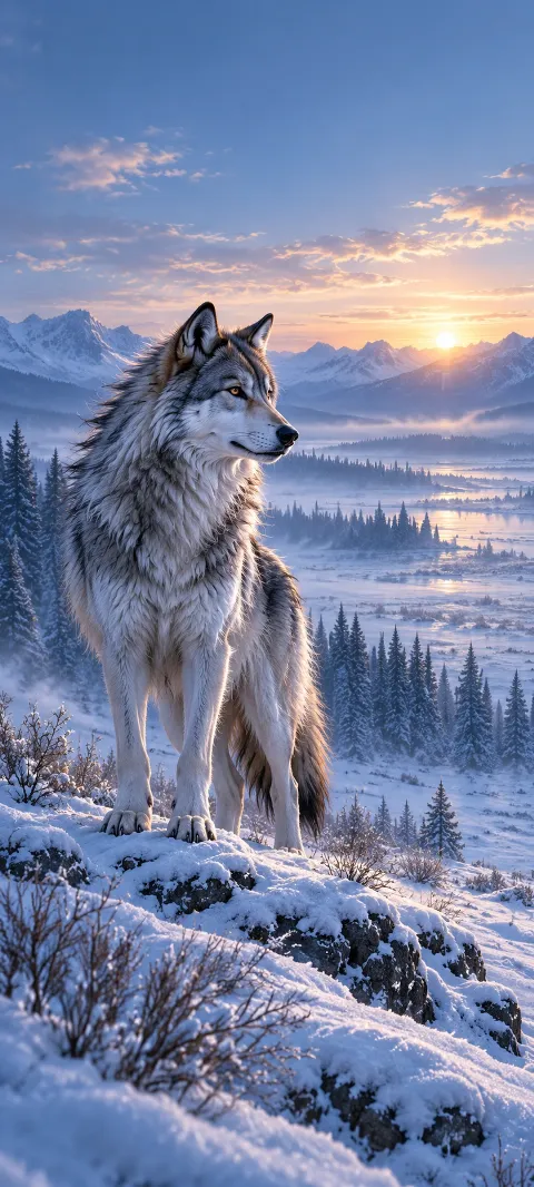 A silver wolf crosses a quiet blue snowfield.