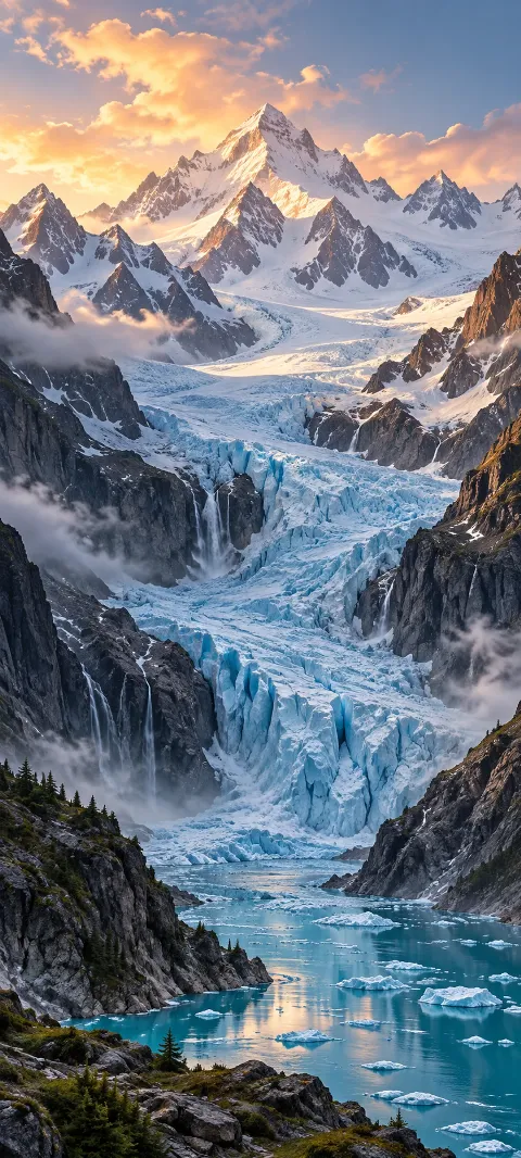 A blue glacier descends between dark mountain walls.