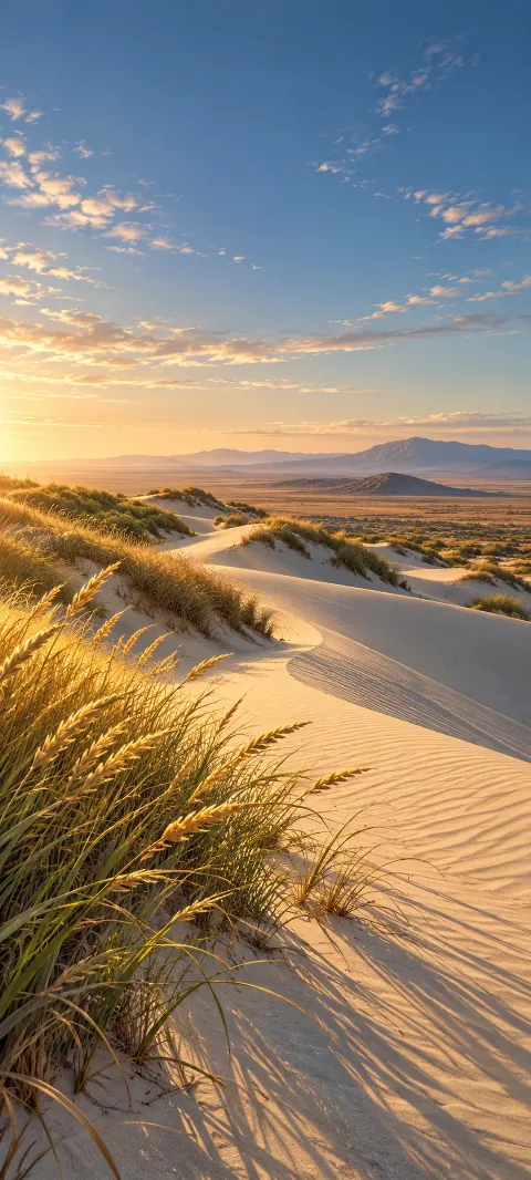 Golden dune grass and long shadows on pale rippled sand beneath a blue sunset sky.