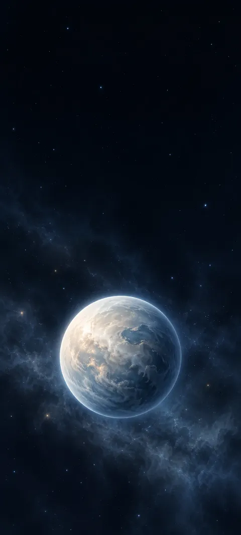 Pearl-white planet with blue shadows surrounded by faint mist and navy stars.