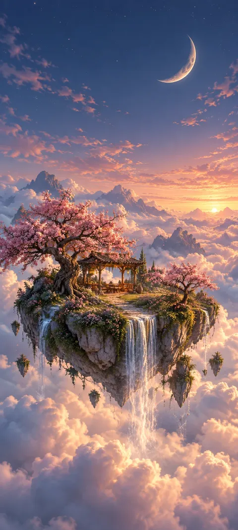 A floating orchard island drifts above silver clouds.