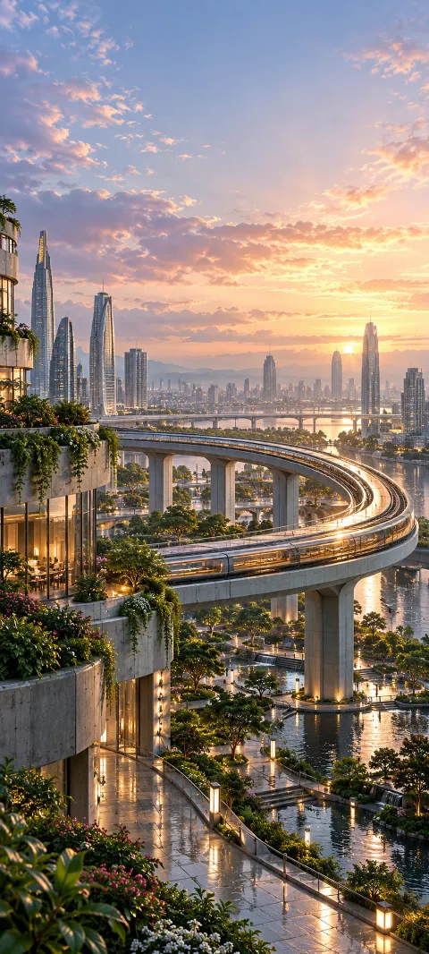 An elevated transit loop sweeps above a garden district.