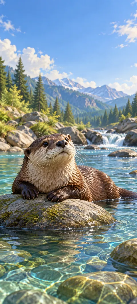 A river otter rests on a stone in clear water.