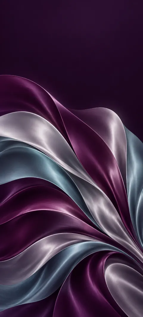 Overlapping plum, silver and muted blue satin-like folds forming an abstract fan.