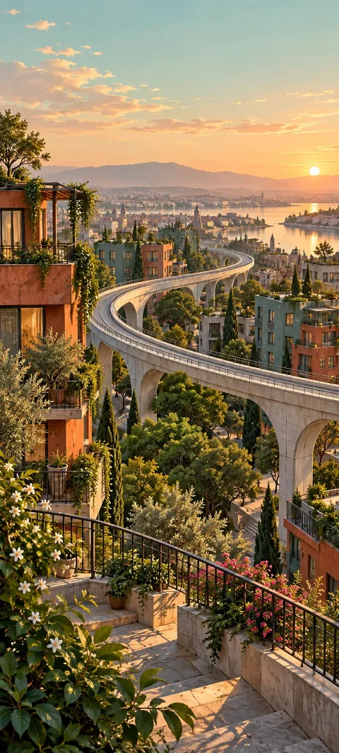 A curving pale viaduct passes through garden-filled buildings above a bay at sunset.