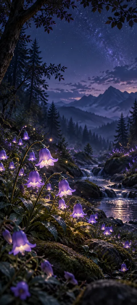 Violet bell-shaped flowers glow beneath dark trees.