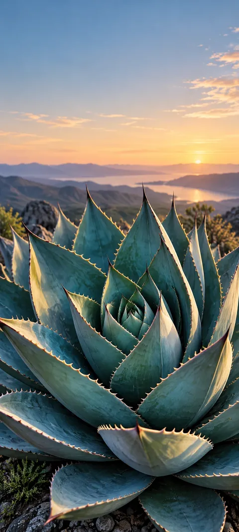 A spiral of blue-green agave leaves with golden-lit serrated edges.