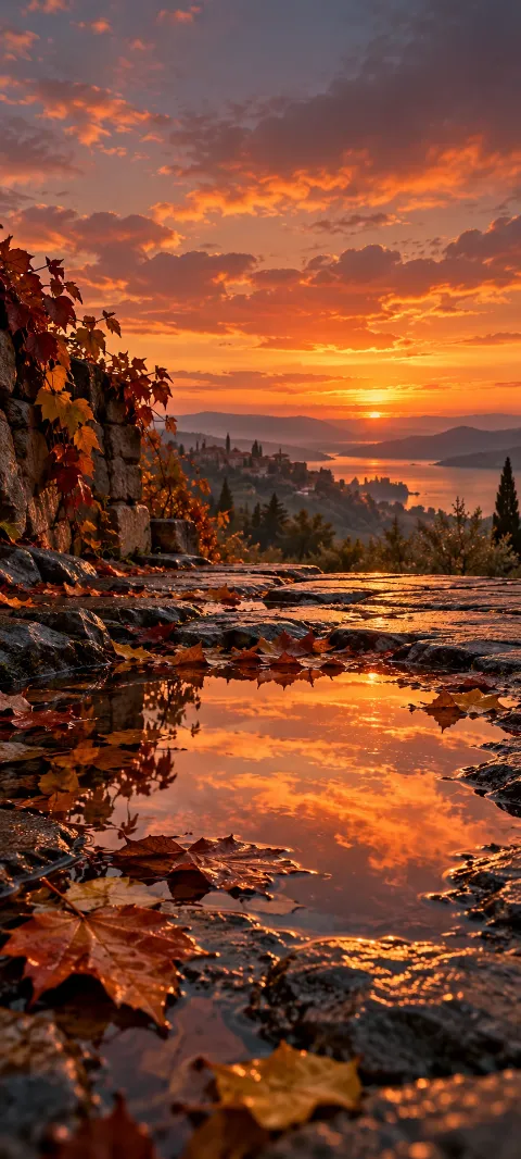 Autumn leaves frame a puddle reflecting a fiery sunset sky.