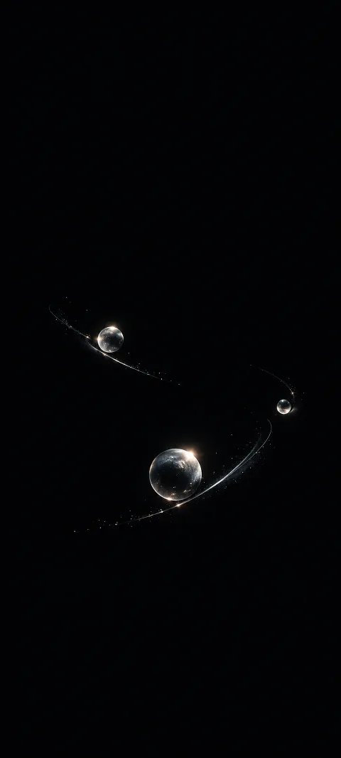 Three silver spheres trace delicate arcs across a black field.