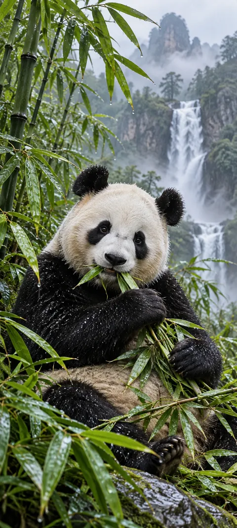 A panda sits among wet bamboo leaves.