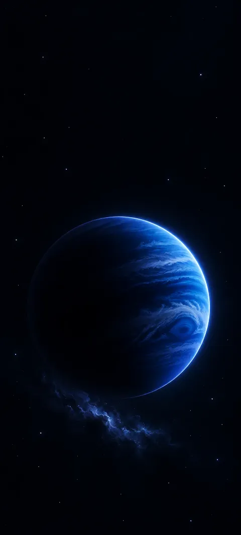 Cobalt blue planet with a bright right rim and a faint dust cloud against dark space.