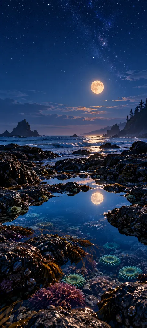 Moonlight reflected in tide pools among dark coastal rocks.