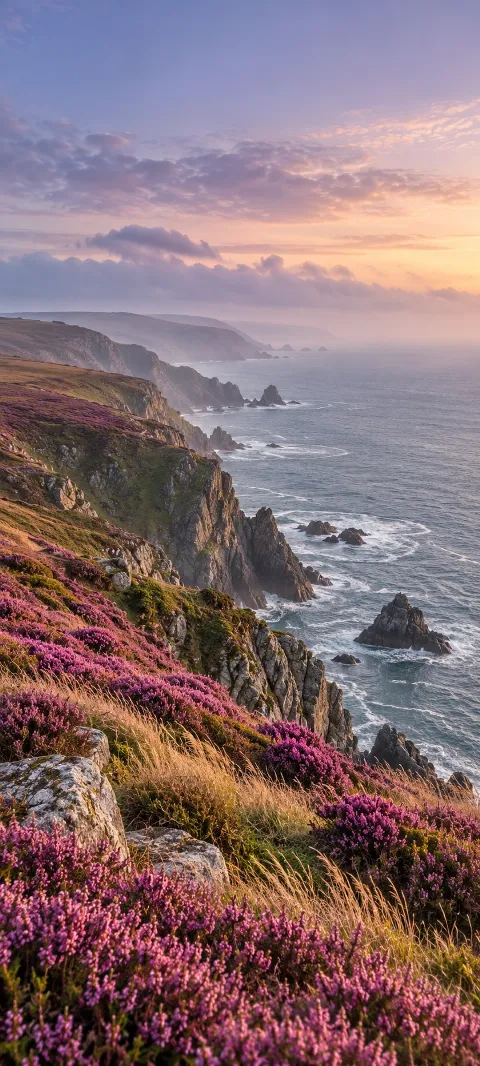 Purple heather grows along a cliff above distant gray water.