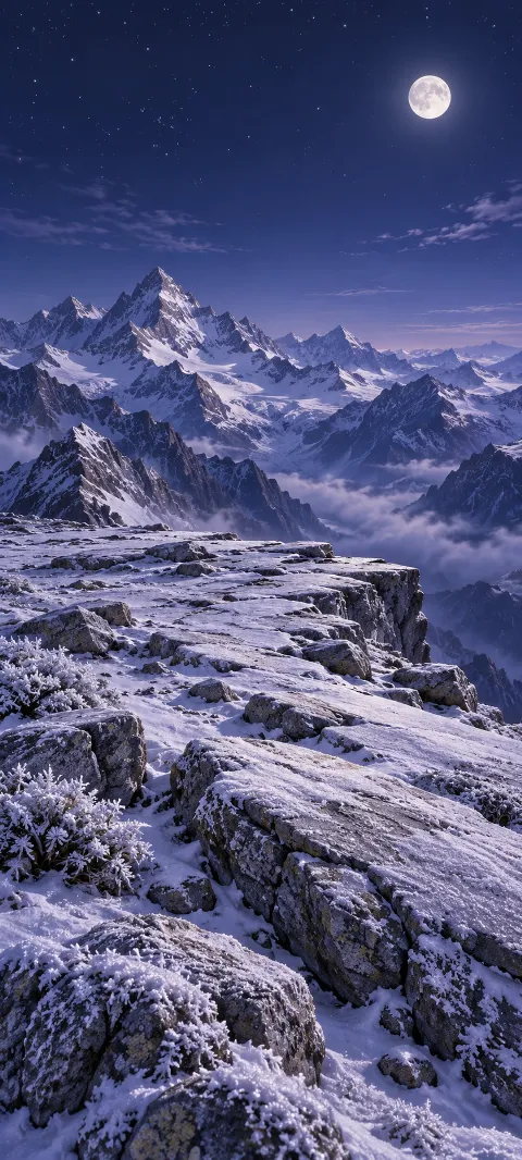A frosted alpine rock shelf overlooks snowy peaks beneath a bright moon and indigo sky.