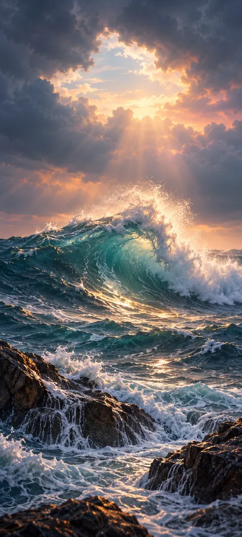 A single breaker rises beneath storm clouds at sunset.