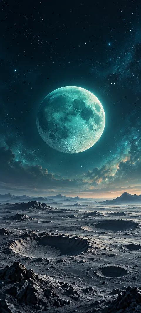 A teal moon floats above quiet craters.
