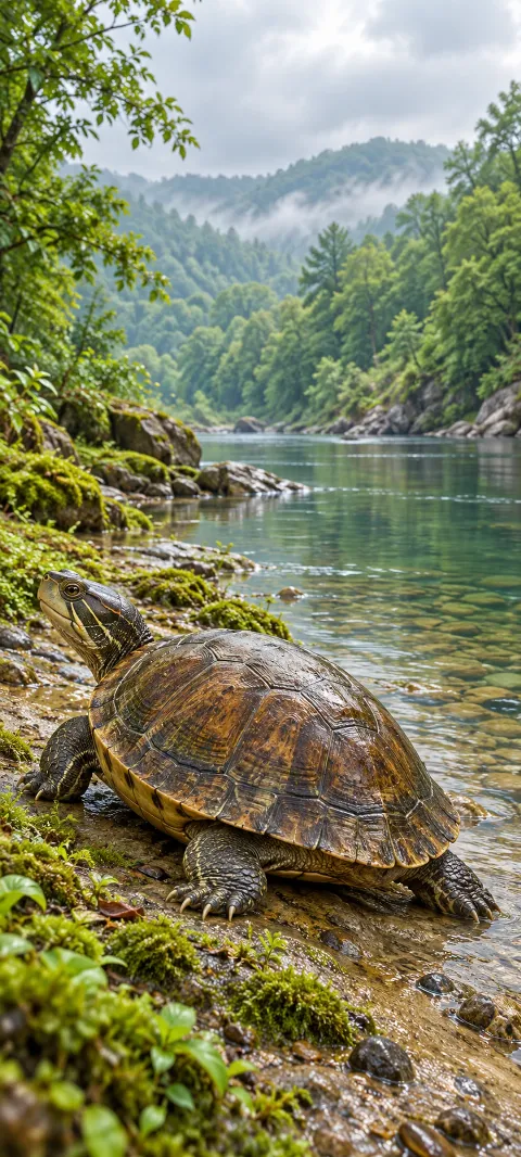 Brown river turtle resting on a mossy bank beside shallow clear water.
