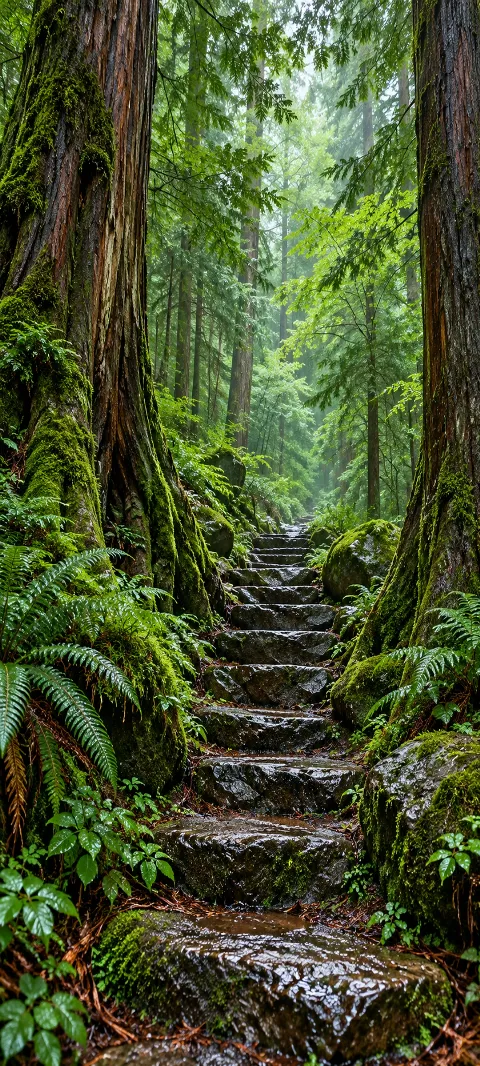 Mossy cedar trunks frame stone steps disappearing into a cool green forest.