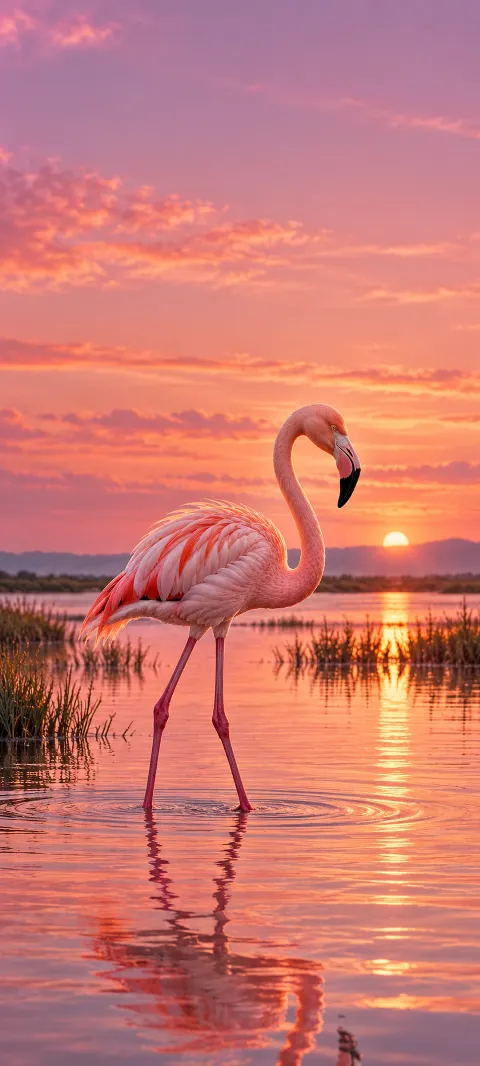A flamingo stands in shallow rose-lit water.