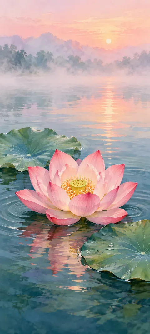 A pink lotus and broad green leaves float on blue-green water beneath a misty pink sunrise.