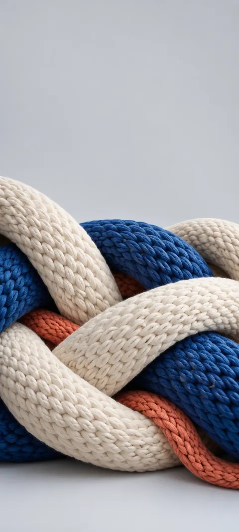 Ivory and cobalt knitted cords braided over a coral strand on gray.