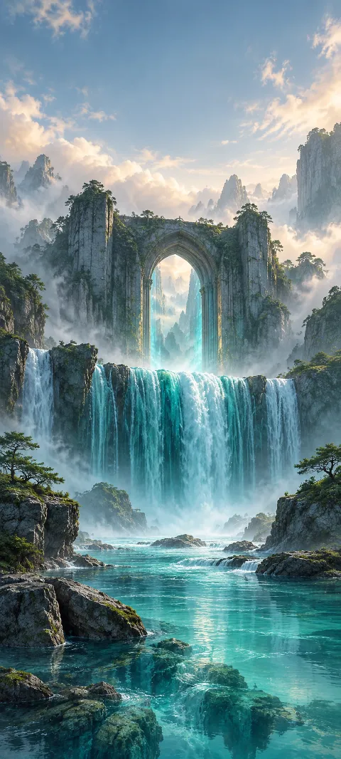 A stone arch stands behind a broad teal waterfall.
