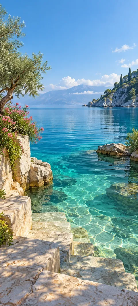 Clear turquoise water laps over pale stone steps beside a lagoon.