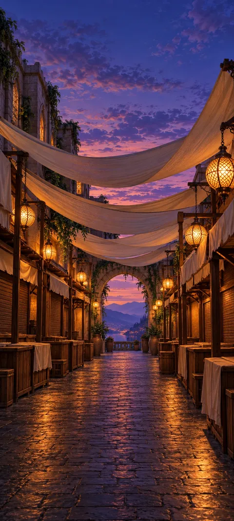 Empty covered market with cream fabric canopies, closed stalls and warm lanterns at dusk.