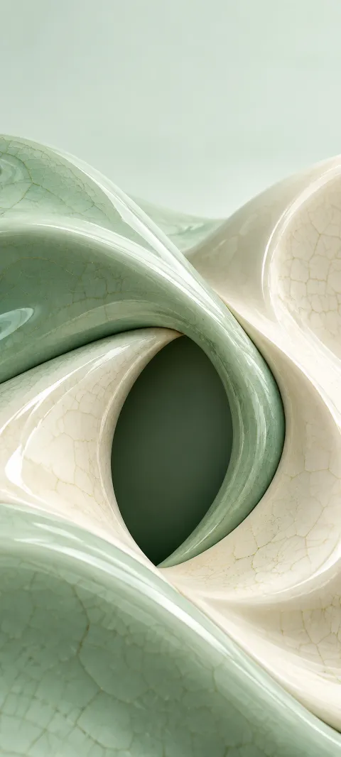 Mint and ivory glazed ceramic curves surrounding a deep green almond-shaped hollow.