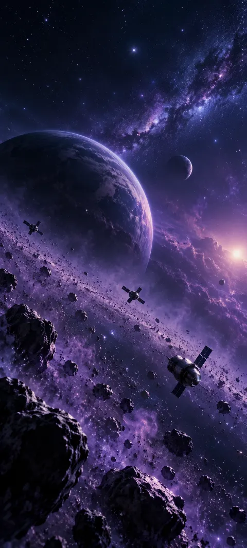 Small imagined satellites drift as silhouettes through cosmic dust.